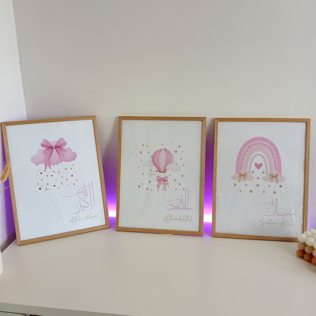3 affiches roses pour chambre de bébé – 30 x 40 cm, fille, sans cadre