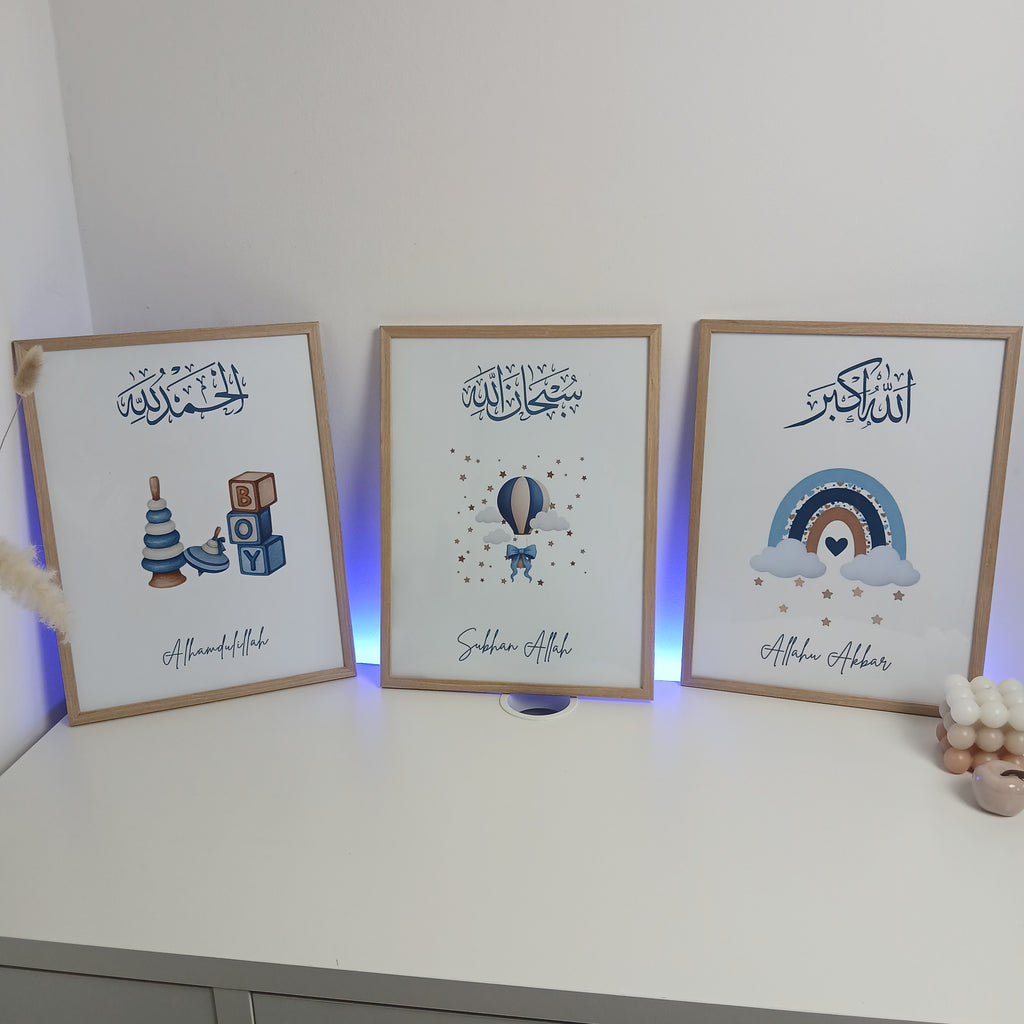 3 affiches bleues pour chambre de bébé – 30 x 40 cm, garçon, sans cadre